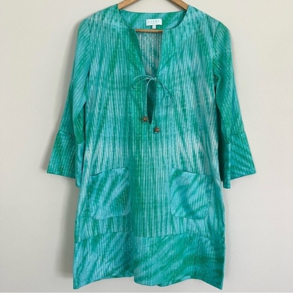 Karma Beach 3/4 Sleeve Beach Cover Up Turquoise with Silver Stripes, Size 4 NWOT